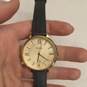 Fossil Gold-Tone Dial Gray Leather Strap Watch